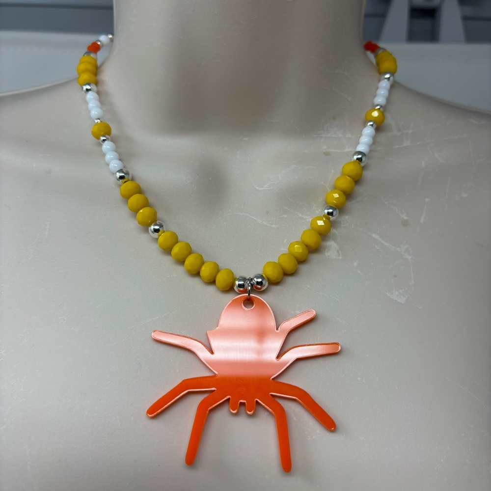 Handmade Beaded Necklace Halloween Orange Yellow White Acrylic Spider Pendant